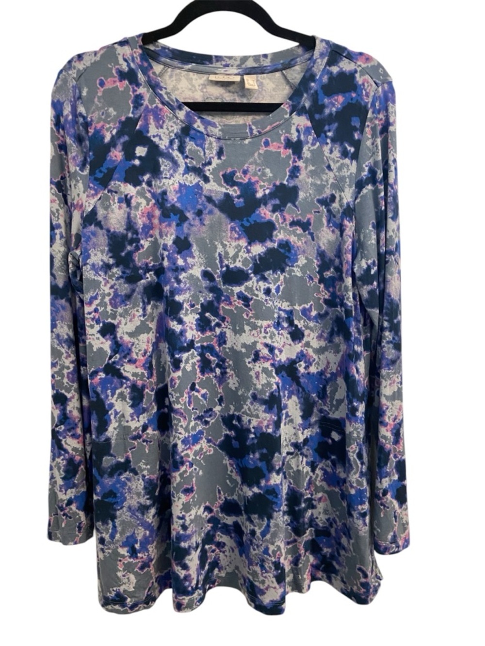 LOGO by Lori Goldstein Tunic Top Pullover Tie Dye Long Sleeve Pockets Blue Gray